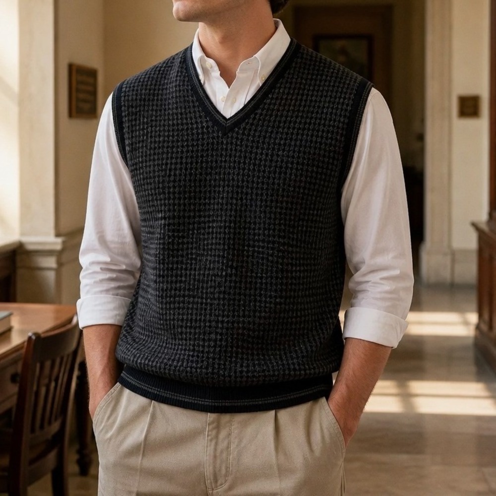 Murano Sweater Vest Men Large Grey Houndstooth Wool Blend Made in Italy Vintage